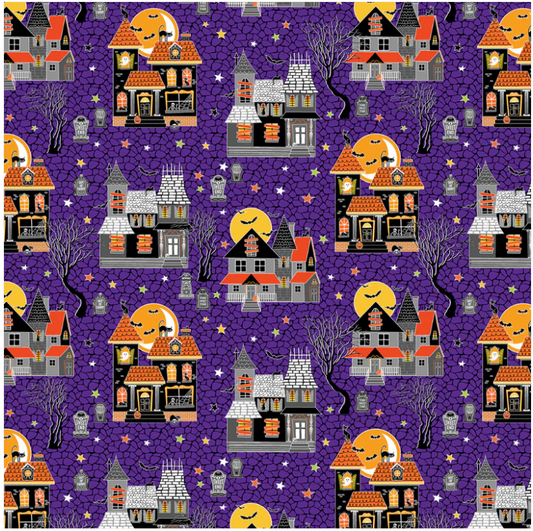 Glow-O-Ween - Haunted Houses - Dark Purple by Benartex
