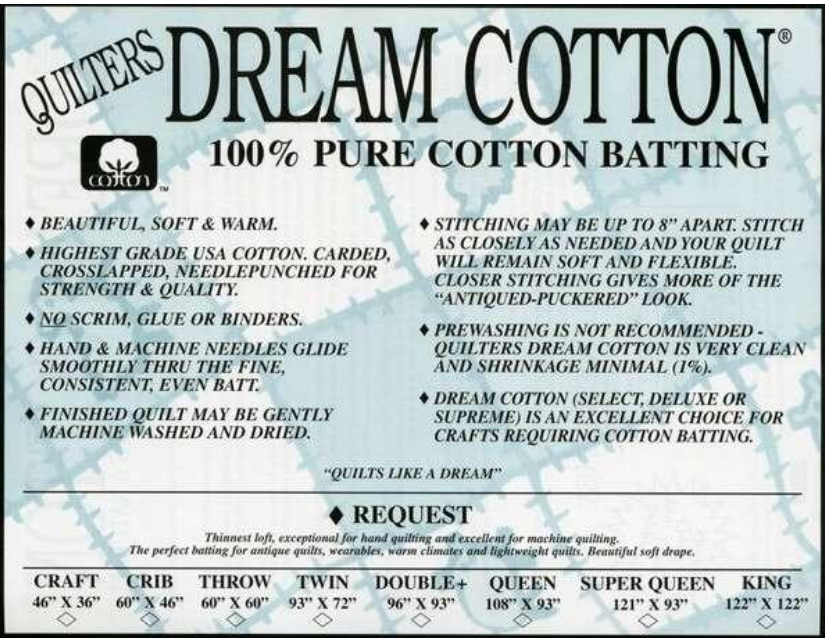 Quilters Dream Cotton - 100% Pure Cotton Batting - Natural - Super Queen