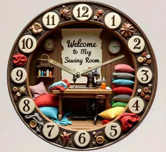 Clock - Welcome to My Sewing Room - Antique Sewing Machine with Pillows (602)