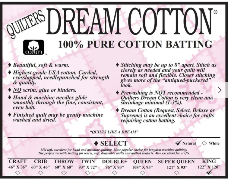 Quilters Dream Cotton - 100% Pure Cotton Batting - Natural Select - King