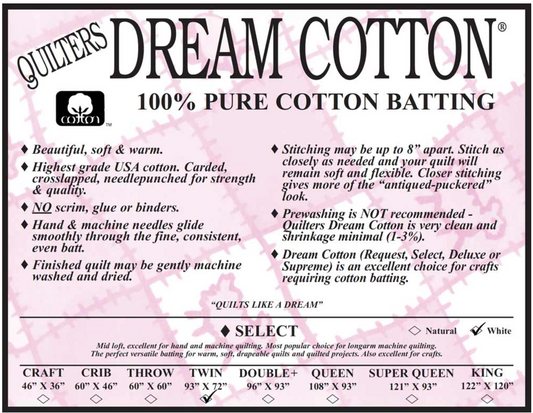 Quilters Dream Cotton - 100% Pure Cotton Batting Kit - White Select - Twin