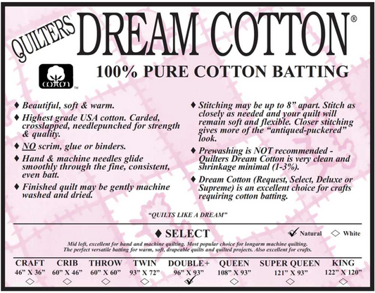 Quilters Dream Cotton - 100% Pure Cotton Batting - Natural Select - Double