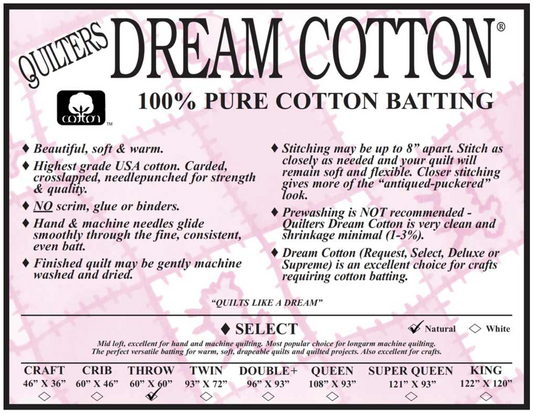 Quilters Dream Cotton - 100% Pure Cotton Batting - Natural Select - Throw