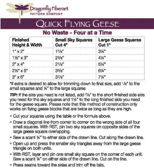 Quick Flying Geese Reference Card by Dragonfly Fiberart Pattern Company