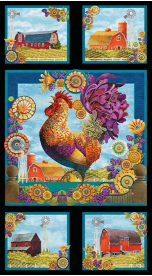 Something to Crow About - Barnyard Rooster Panel Multi by Benartex (137)