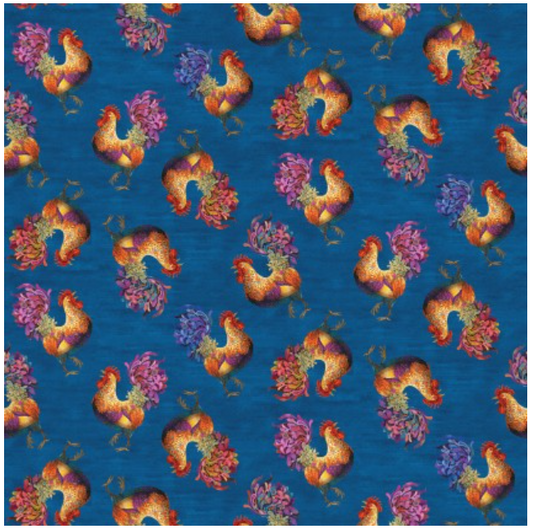 Something to Crow About - Rooster Toss Blue by Benartex