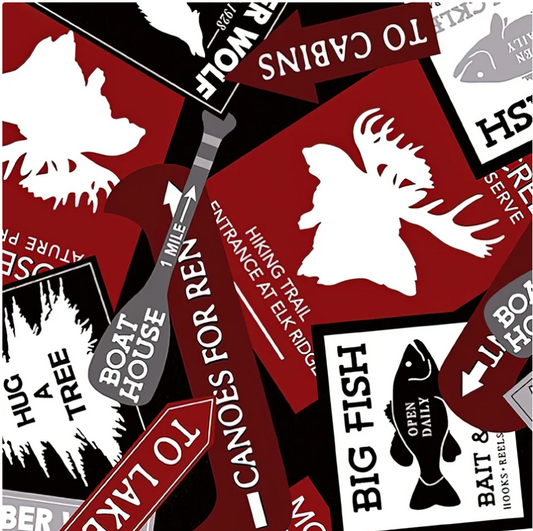 Great Outdoors - Cabin Signs Red by Benartex