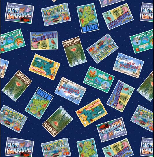 All New England Shop Hop Fabric 2025 PRESALE - New England Postcards Navy by Benartex