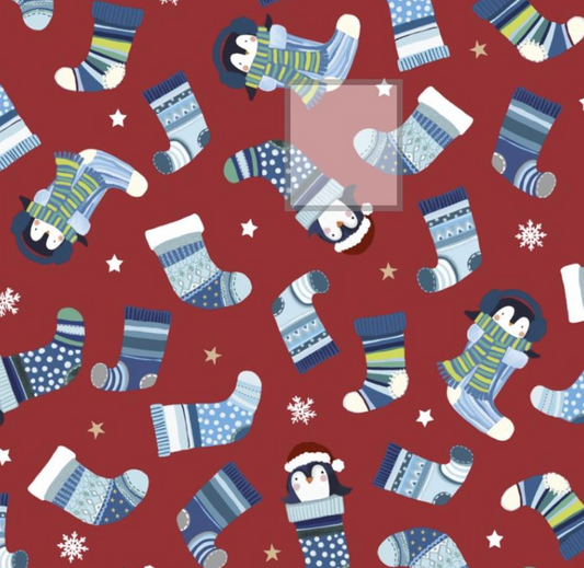 Winter Waddles - Tossed Stockings Red 05427 by P&B Textiles