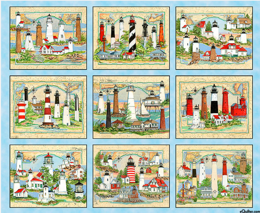 Lights Of Hope - Lighthouse Blocks Panel - Blue by Elizabeth's Studio (126)