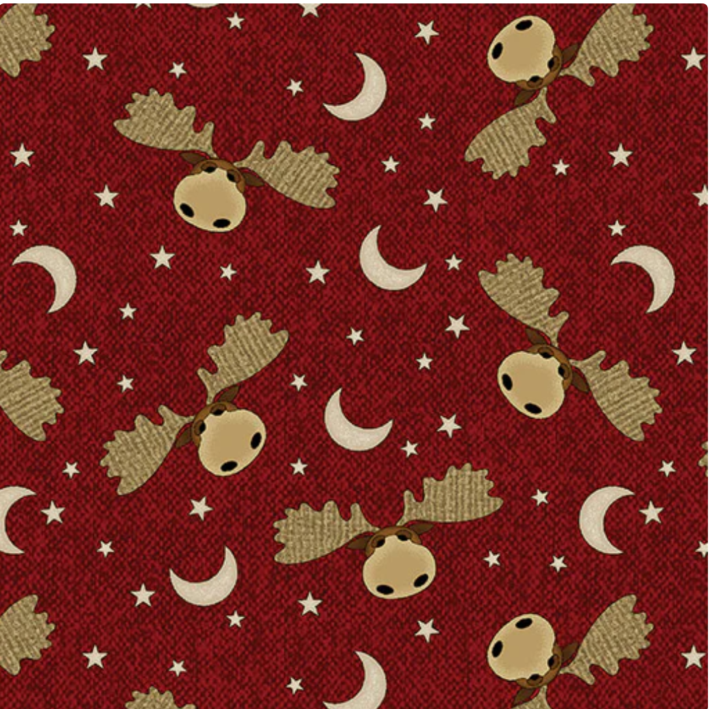 A Moose in the Woods - Moose Moon and Stars Cranberry by Benartex