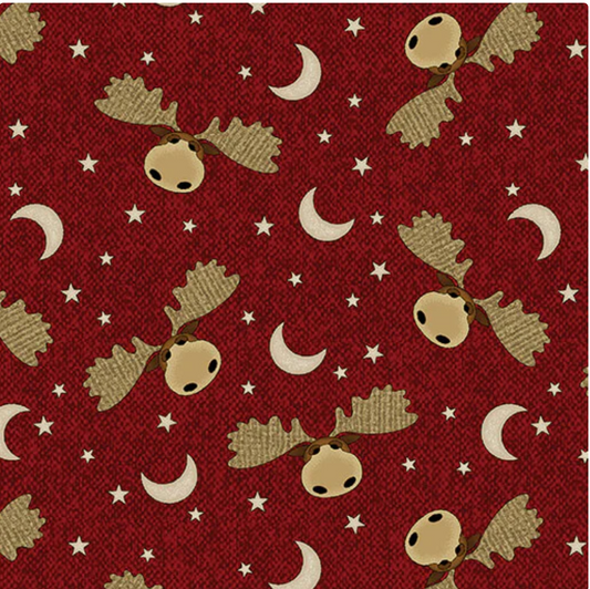 A Moose in the Woods - Moose Moon and Stars Cranberry by Benartex