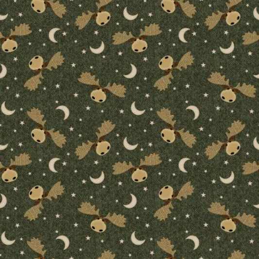 A Moose in the Woods - Moose Moon and Stars Green by Benartex