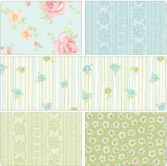 Sweet Baby Rose-Blue - 1 Yard Bundle 5 Pieces by Dover Hill for Benartex
