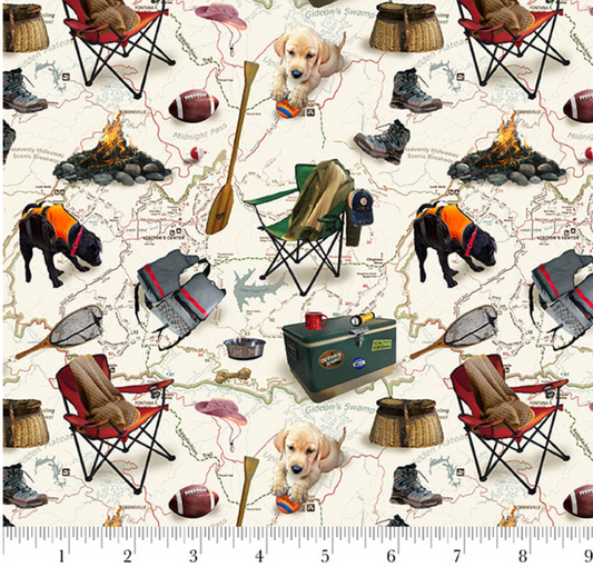 Camping Pups - Cream/Camping 2063-44 by Robert Giordano for Henry Glass & Co.