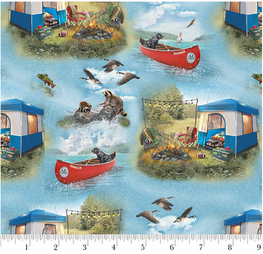 Camping Pups - Blue/Canoe 2070-11 by Robert Giordano for Henry Glass & Co.