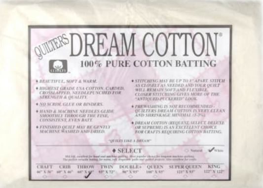 Quilters Dream Cotton - 100% Pure Cotton Batting - White Select - Throw