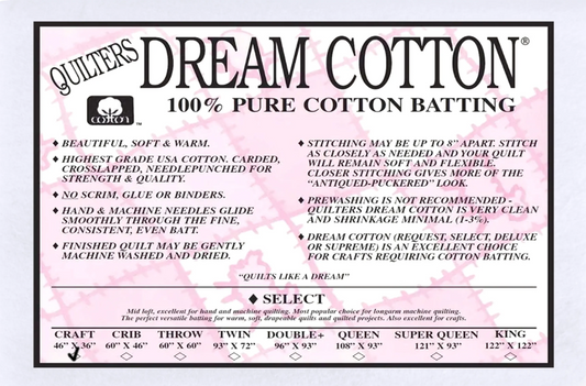 Quilters Dream Cotton - 100% Pure Cotton Batting - White Select - Craft