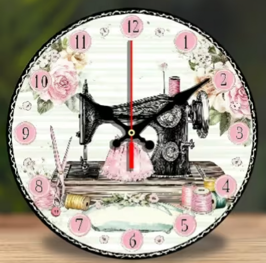 Clock - Sewing Machine with Pink Roses