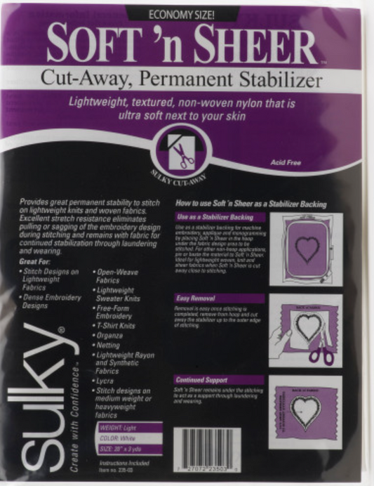 Sulky - Soft 'n Sheer Lightweight- Cut- Away, Permanent Stabilizer 20" x 3 Yds
