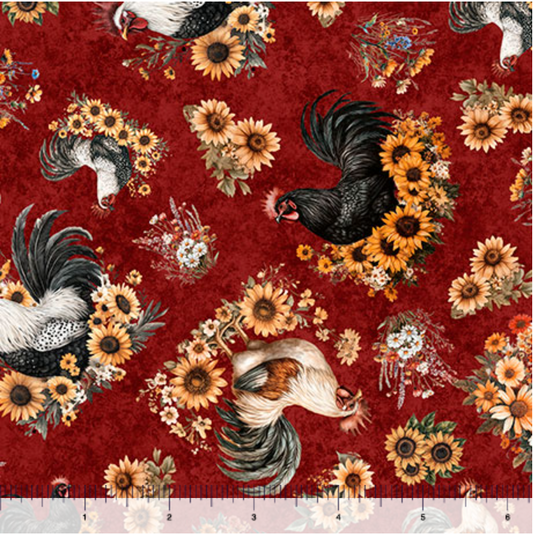 Rule the Roost - Tossed Roosters and Flowers Brick 2600-31500-R by QT Fabrics