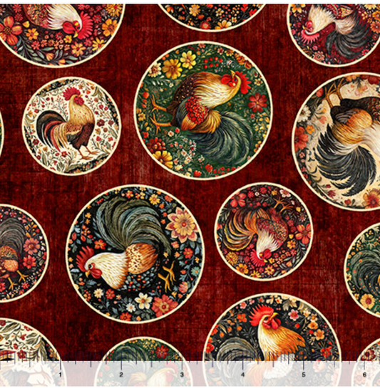 Rule the Roost - Rooster Medallions Wine 2600-31499-M by QT Fabrics