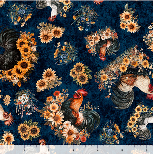 Rule the Roost - Tossed Roosters and Flowers Navy 2600-31500-N by QT Fabrics