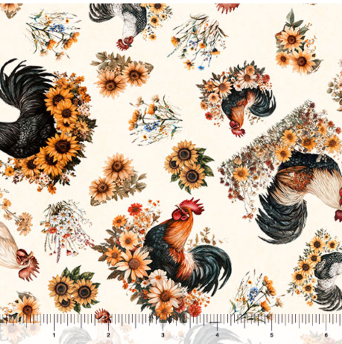 Rule the Roost - Tossed Roosters and Flowers Light Cream 2600-31500-E by QT Fabrics