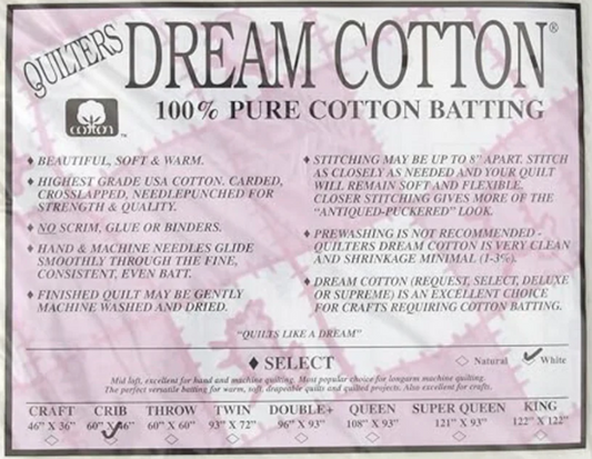 Quilters Dream Cotton - 100% Pure Cotton Batting - Natural Select - Crib