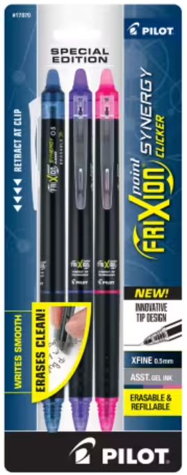 FriXion Retractable Fine Tip Pens - Black, Purple, Red - Set of 3