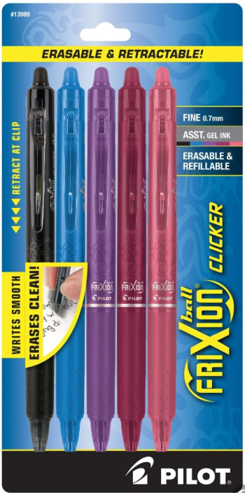 FriXion Retractable Fine Tip Pens - Black, Blue, Purple, Maroon, Red - Set of 5