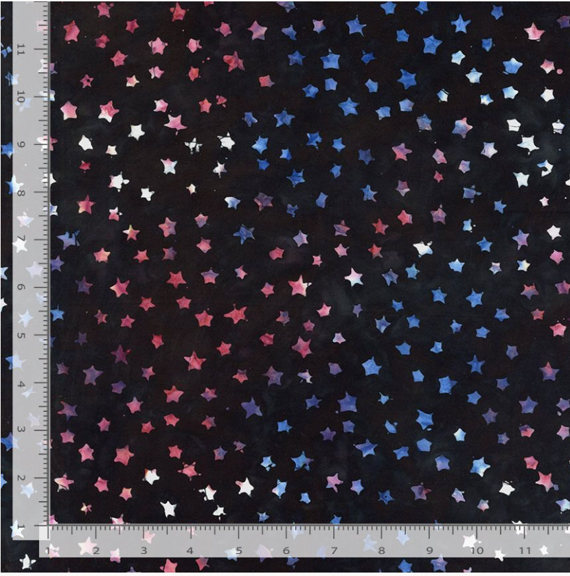 Tonga Batiks - Symbol Rounded Stars r/w/b on Black B7842 by Timeless Treasures