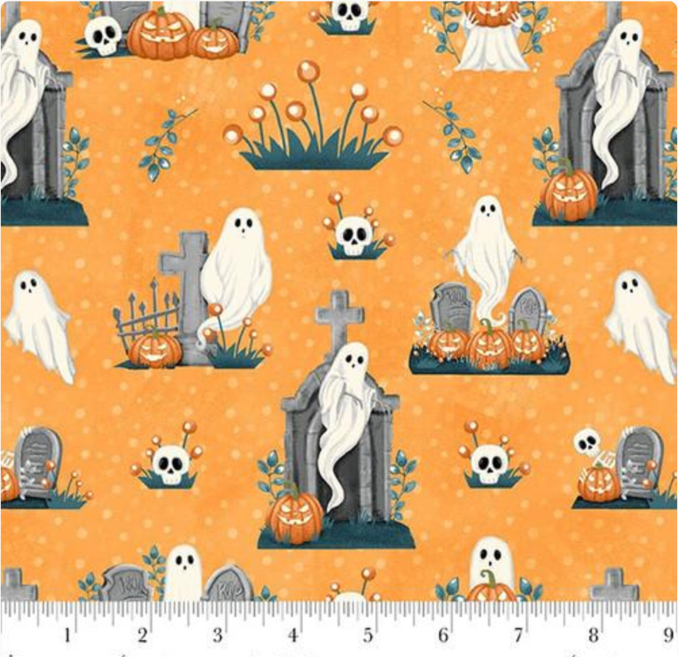 Ghosts in the Graveyard - Glow Allover Ghosts, Pumpkins and Skulls Orange 2024G 33  by Henry Glass & Co.