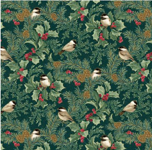 A Winter's Day - Winter Chickadees Dark Teal 16591M-85 by Benartex
