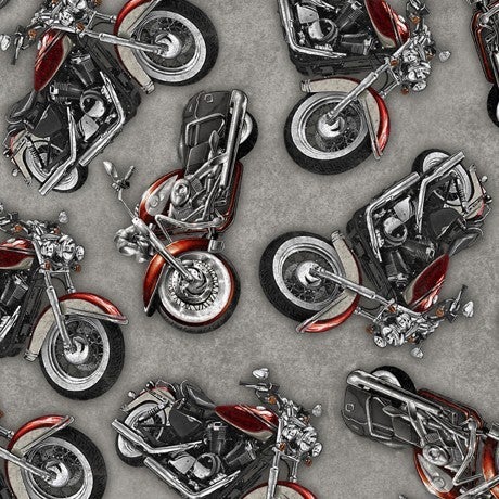 Ride Free - Tossed Motorcycles on Gray by QT Fabrics