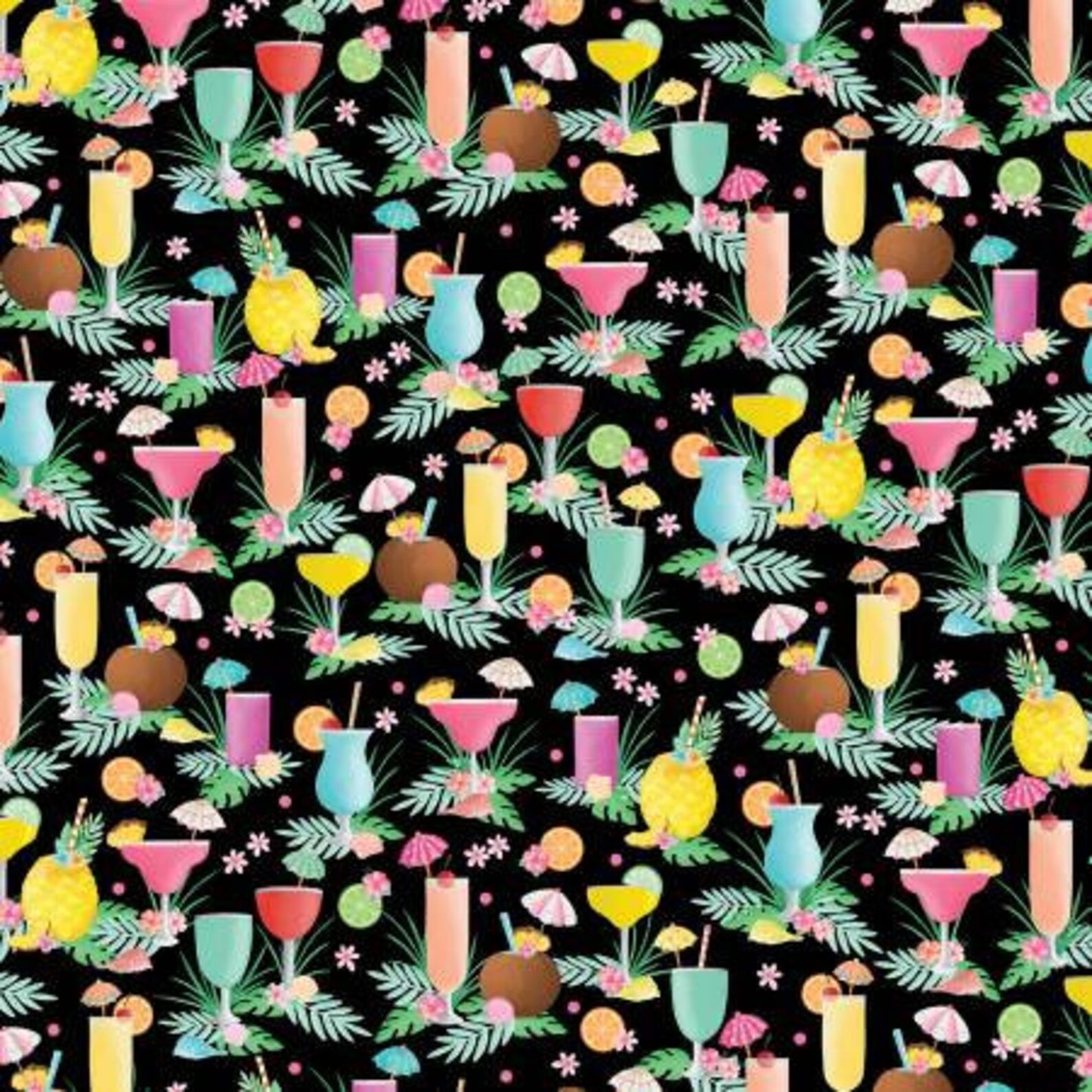 Flamingal Pals - Tropical Drinks Black by Benartex Designer Fabrics