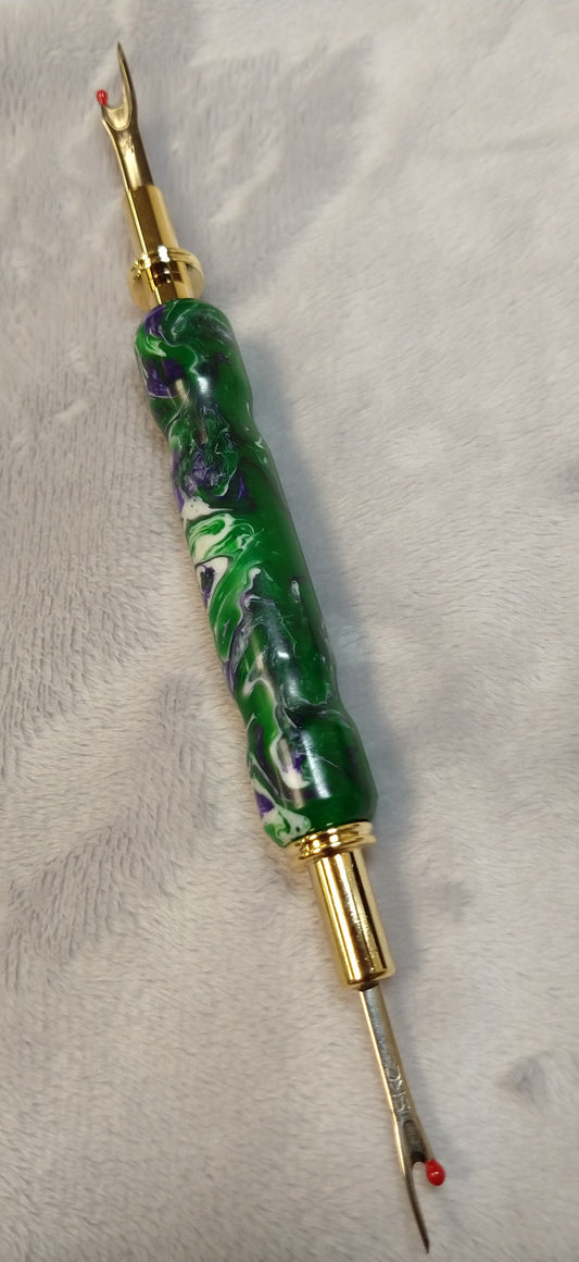 Hand Turned Acrylic Stitch Ripper/Stiletto-Shades of marbled green, purple, white