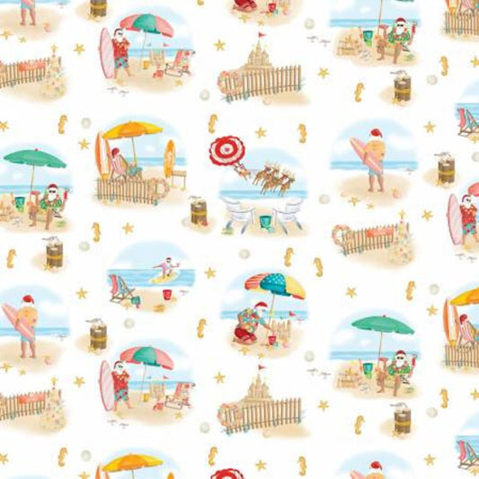 Santa's Vacation - Santa's Beach Holiday White Multi by Benartex