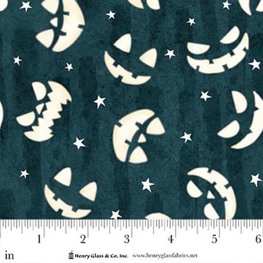 Ghosts in the Graveyard - Glow Jack-o-lantern Faces Dk Teal 2027G 99 by Henry Glass &amp; Co.