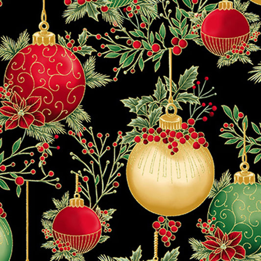 Christmas Wish - Ornaments Black-Gold Y7822-4G by Hoffman Fabrics