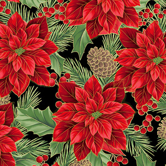 Christmas Wish - Pointsettia Black/Gold Y7820-4G by Hoffman Fabrics