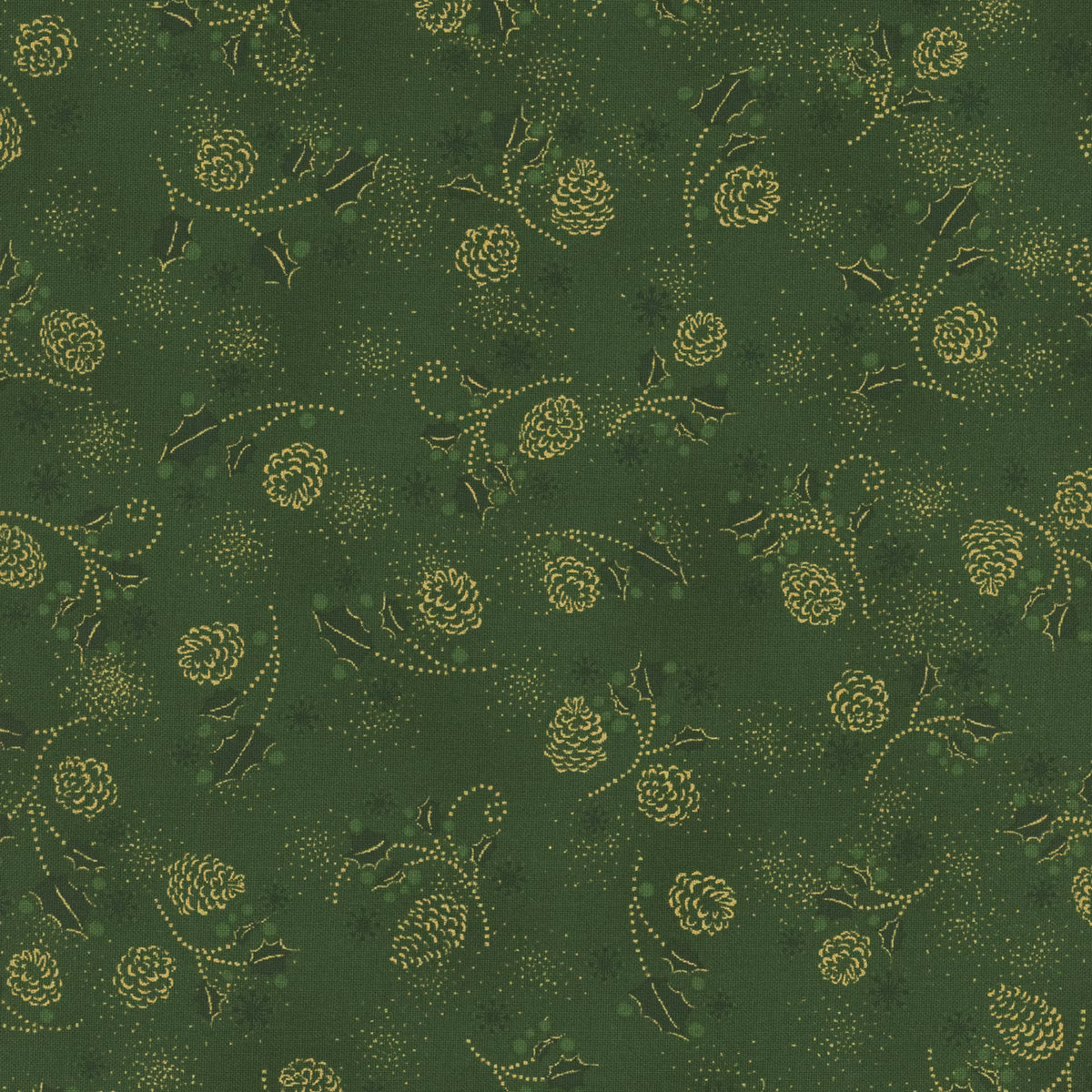 Snow Crystals - Green & Gold Snow Hollies and Pine Cones  4593-802 by Stof Fabrics