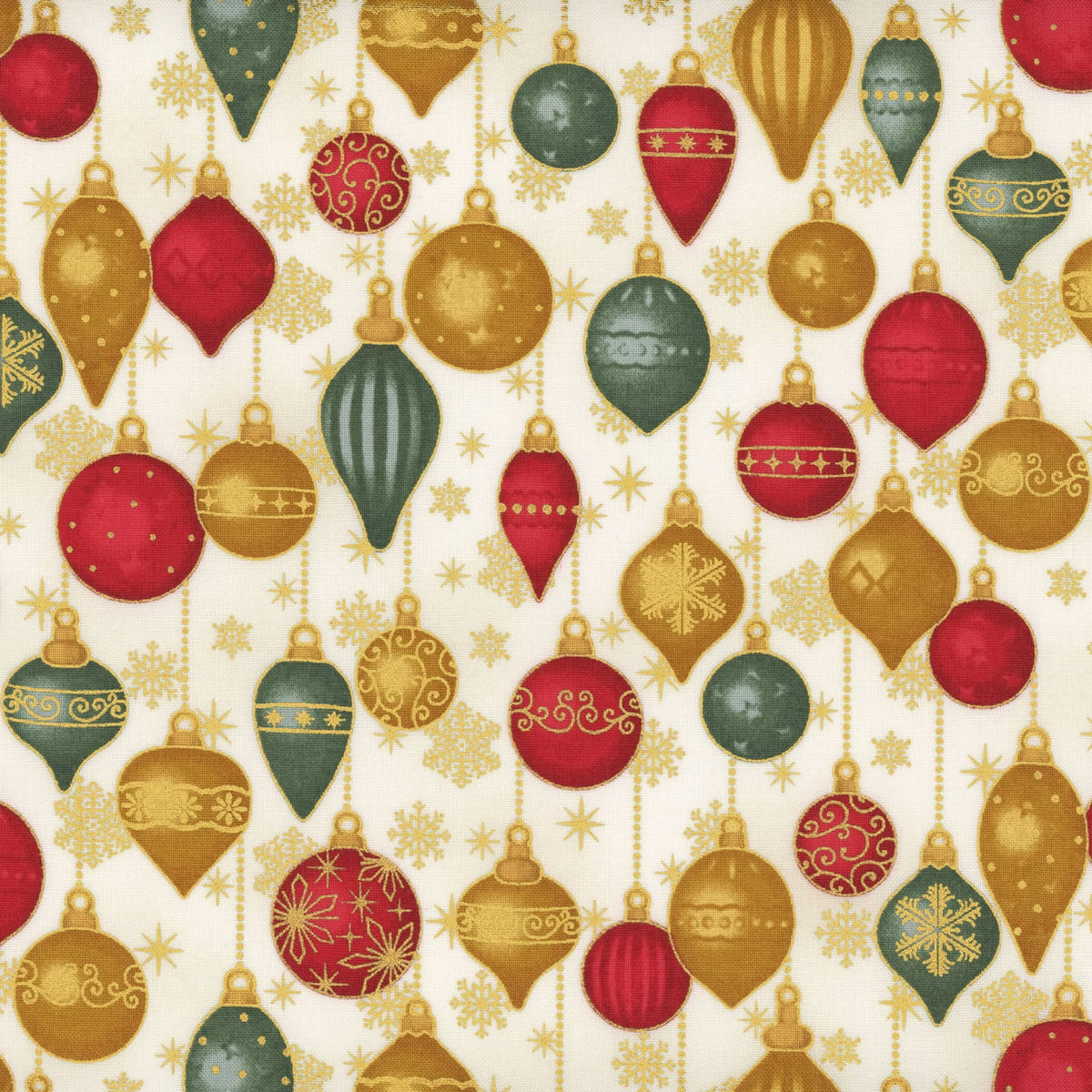 Christmas Time - Cream Green/Gold Christmas Balls & Snowflakes 4593-012 by Stof Fabrics