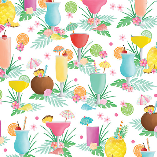 Flamingal Pals - Tropical Drinks White by Benartex Designer Fabrics