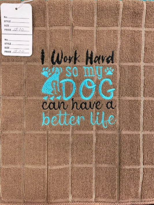 Dish Towel Embroidered-Dog-Brown-Turquoise Embroidery 16x24