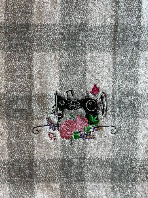 Dish Towel-Grey and White-Black Machine with Rose-16x24