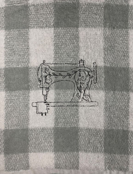 Dish Towel Embroidered-Grey and White-Black Sewing Machine Embroidery-16x24