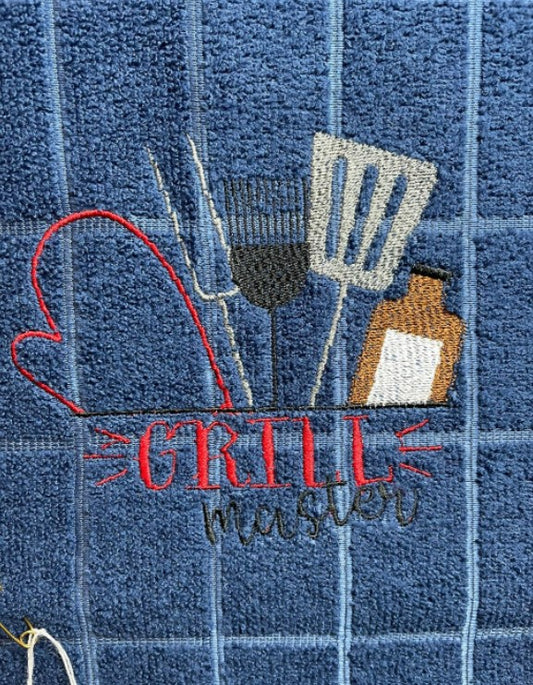 Dish Towel-Blue with Embroidery-Grill Master-16x24